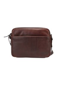 Borsa a tracolla in pelle marrone con finitura liscia, forma rettangolare, zip superiore e tasca frontale per lo stoccaggio. Inclusa tracolla regolabile.