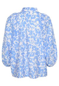 Blus med blå blommönster i lätt tyg, lös passform och hög halsringning. Har puffärmar och texturerad design.