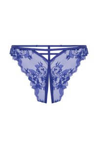 Spitzen-Tanga in sattem Blau mit floralem Muster, mit einem durchsichtigen Mesh-Vorderteil, dekorativen gewellten Kanten und Trägerdetail am Rücken.
