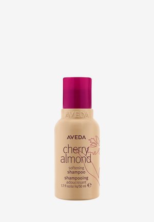 Aveda Cherry Almond weichmachende Shampoo-Flasche, beige mit magentafarbenem Verschluss, 50 ml, mit floraler Linienzeichnung und Produkttext.