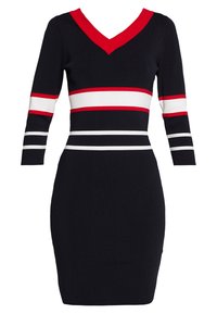 Sukienka dzianinowa z dekoltem w serek, czerwoną lamówką i rękawami do trzech czwartych. Posiada poziome paski w kolorach czerwonym, białym i czarnym. Dopasowany fason.