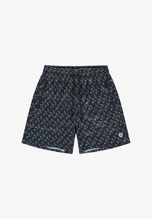 Zwarte zwembroek met palmboomprint, elastische tailleband, trekkoord en twee zijzakken. Lichtgewicht, sneldrogende stof.