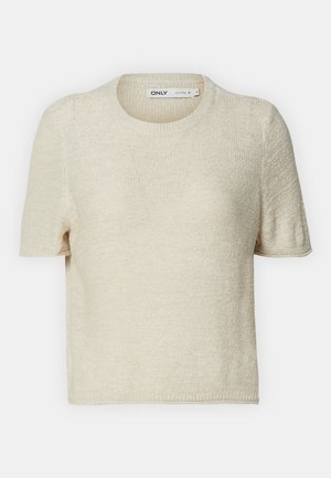 Pull-over court en tricot beige à manches courtes et col rond, avec un motif texturé et une coupe décontractée. Fabriqué en tissu léger.