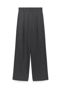 Wijd uitlopende broek in donkergrijs stof, met een zachte textuur, voorkeursplooien en een standaard tailleband met riemlussen.