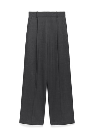Wijd uitlopende broek in donkergrijs stof, met een zachte textuur, voorkeursplooien en een standaard tailleband met riemlussen.