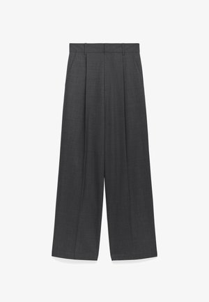 Wijd uitlopende broek in donkergrijs stof, met een zachte textuur, voorkeursplooien en een standaard tailleband met riemlussen.