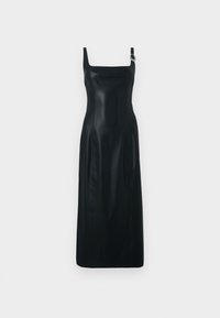 Μαύρο αμάνικο φόρεμα με τετράγωνη λαιμόκοψη και διακριτική λεπτομέρεια στο πλάι. Κατασκευασμένο από λείο ύφασμα, με φαρδιά φούστα και μινιμαλιστικό σχεδιασμό.