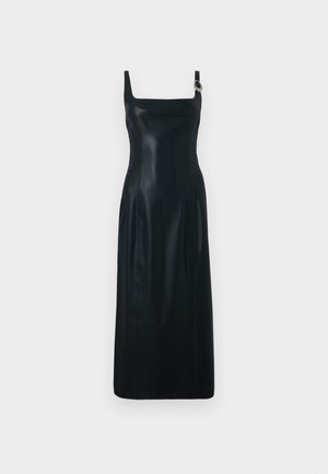 Abito nero senza maniche con scollo quadrato e dettaglio laterale. Realizzato in tessuto liscio, presenta una gonna fluida e un design minimalista.