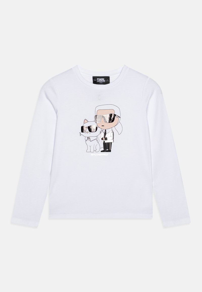 Sweatshirt à manches longues blanc avec un graphique de dessin animé représentant une personne et un chat, tous deux portant des lunettes de soleil réfléchissantes et des détails en contours.