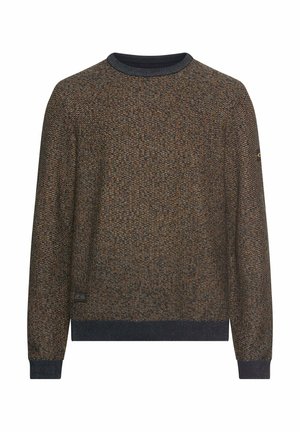 Strickpullover mit einem strukturierten Muster in dunklem Braun, Orange und blauen Farbtönen. Verfügt über einen gerippten Rundhalsausschnitt und Ärmelbündchen. Seitlicher Logodetail.