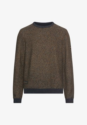 Gebreide trui met een gestructureerd patroon in donkerbruin, oranje en blauwe tinten. Beschikt over een geribbelde ronde halslijn en manchetten. Zijdetail met logo.