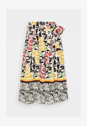 Ziedu raksta svārki ar krokām, kas satur sarkanas, dzeltenas, zaļas un melnas krāsas uz baltas fona. Iekļauts melnbalts viļņots apakšmalas dizains.