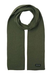 Sciarpa lavorata a maglia verde oliva con un finish testurizzato, dotata di un'etichetta logo nell'angolo e di un design lungo e rettangolare per versatilità.