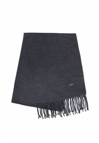 Ciemnoszara szalik wykonany z miękkiego materiału o gładkiej fakturze. Posiada frędzlowe krawędzie oraz mały znak firmowy w dolnym rogu.