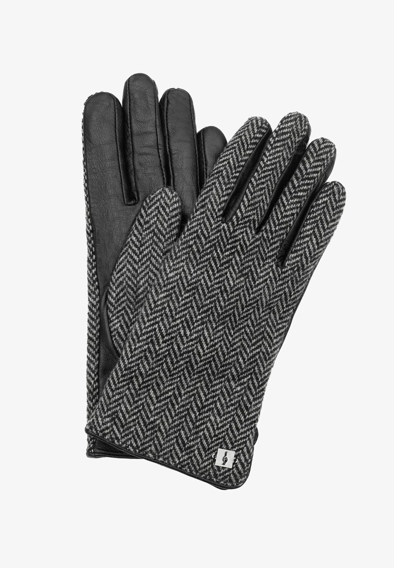 Czarne skórzane rękawiczki z tkaniny w wzór herringbone w odcieniu szarości, z metalowym logo. Projekt z trzema palcami zapewniający ciepło i zręczność.