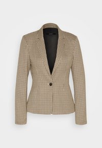 Brązowa i beżowa marynarka w kratę w jodełkę, dopasowany krój, zapinana na jeden guzik, z klapami z wycięciami, długimi rękawami i podszewką wewnętrzną.