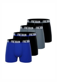 Quatre paires de boxers : un bleu, un gris et deux noirs. Le matériau est lisse avec une large ceinture noire comportant le logo "FREEGUN".