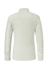 Hellgraues Langarmoberteil mit hohem Kragen, gerippter Textur und enganliegenden Ärmeln, das dezente Nahtdetails an den Schultern aufweist.