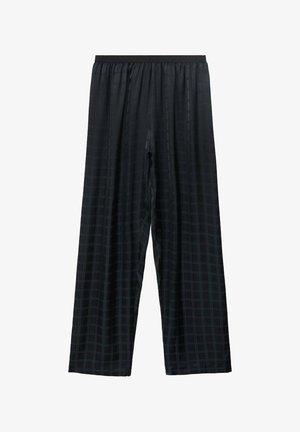 Pantalons noirs à coupe ample avec un motif à carreaux subtil et une taille élastique, présentés sur un fond blanc.