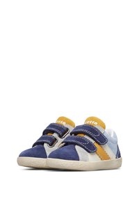 Velcro-Sneaker aus marineblauem, grauem und gelbem Wildleder mit weißen Akzenten. Verfügt über zwei verstellbare Riemen und eine strukturierte Gummisohle.