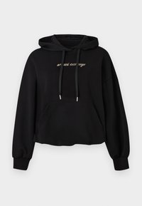 Sweat à capuche noir avec poche kangourou devant, cordon de serrage à la capuche, poignets côtelés et texte « armani exchange » en petites lettres cursives sur la poitrine.