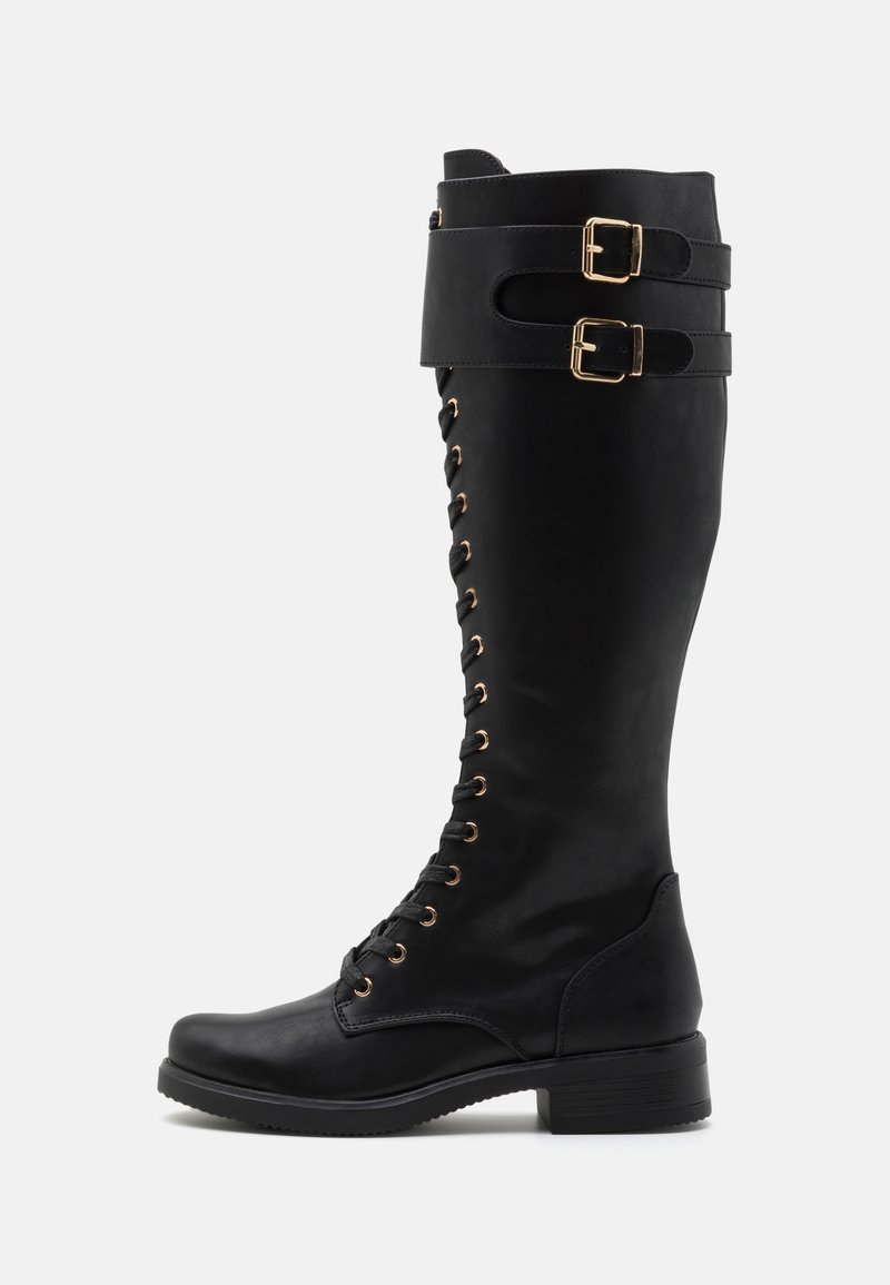 Knee-high black leather boots with gold hardware accents, featuring a lace-up front, two buckle straps, and a block heel.