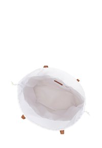 Borsa per la conservazione in tessuto bianco con gambe in legno, forma rotonda, chiusura con cordino e interno liscio, con rivestimento beige e design minimalista.