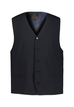 Gilet bleu marine en tissu lisse, avec un col en V, une fermeture à cinq boutons, deux poches avant et une doublure intérieure à motifs.