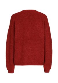 Roter, flauschiger Strickpullover mit lockerer Passform, überschnittenen Schultern und gerippten Bündchen. Verfügt über eine weiche, strukturierte Oberfläche und klassischen Rundhalsausschnitt.
