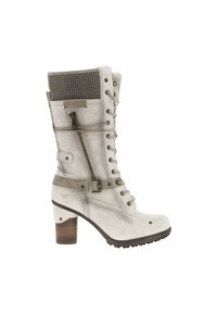 Botte de cheville en cuir blanc avec un poignet en tricot texturé, un laçage à l'avant, une fermeture éclair sur le côté et un talon empilé marron. Elle présente des boucles et des détails de couture.