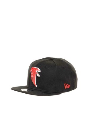 Black baseball cap with a flat brim, featuring a prominent red embroidered bird logo on the front and a small red accent on the side.