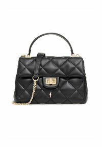 Wykonana z pikowanej czarnej skóry torebka na ramię o sztywnym designie. Posiada rączkę u góry, złote akcesoria i odczepiany łańcuszek.