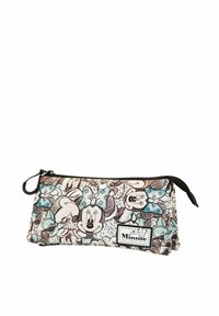 Zipper-pennenzak in witte stof, met pastelkleurige Minnie Mouse en vlinderpatronen, voorzien van een zwarte rits en een label aan de voorkant.