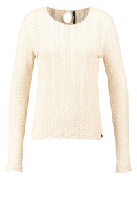 Pull en maille crème à manches longues avec motif texturé ondulé, col rond et petite fermeture par bouton en forme d'œillet dans le dos.