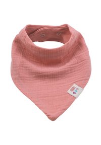 Bavoir bandana en coton rose, de forme triangulaire et à texture douce. Dispose de deux boutons-pression pour la fermeture et d'une petite étiquette avec un logo.