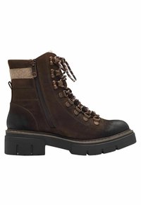 Bottine en cuir marron à lacets avec un embout arrondi, cuir texturé, accessoires en métal, zip latéral et semelle rembourrée pour le soutien.
