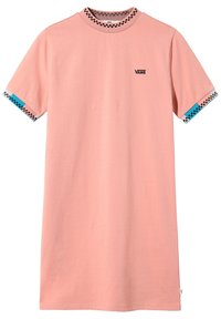 Różowa bawełniana sukienka T-shirt z okrągłym dekoltem, czarno-turkusowe akcenty w kratę na rękawach oraz małe logo Vans na piersi.