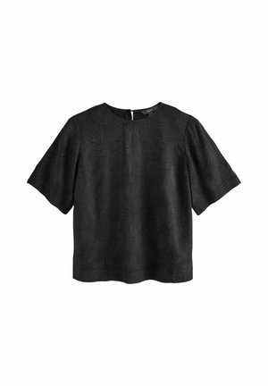 Svart kortärmad topp med ett texturerat bladmönster, rund halsringning och en nyckelhålsöppning bak. Tillverkad av lättviktig tyg.