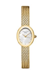 Montre avec bracelet en maille dorée et boîtier ovale, cadran en nacre blanche, index horaires dorés et couronne sur le côté. Nom de la marque : Rosefield.