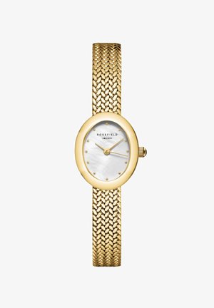 Gold mesh strap watch with an oval case, white mother-of-pearl dial, gold hour markers, and a crown on the side. Brand name: Rosefield.