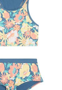 Cvetni bikini set z modro podlago in oranžnimi, rumenimi ter zelenimi cvetovi. Material je raztegljiv. Stil topa je tanko z visokim pasom.