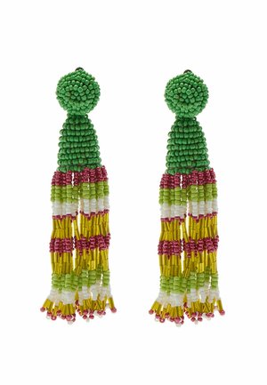 Orecchini a nappina con perline verdi, rosa, bianche e gialle, con base rotonda e fili pendenti multicolori.