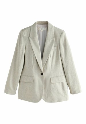 Hele beež ühe nupuga linane bleiser sälguga krae ja ees taskutega, valgel taustal.