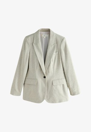 Hellbeiger Leinenblazer mit einem Knopf, Revers mit Kerb und vorderen Pattentaschen, dargestellt vor weißem Hintergrund.