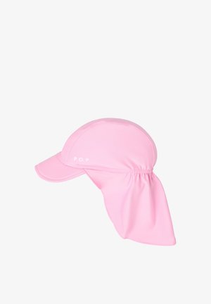 Roze sportpet gemaakt van lichtgewicht stof, met een gebogen rand en een trekkoord aan de achterkant, ontworpen voor zonbescherming met een nekflap.
