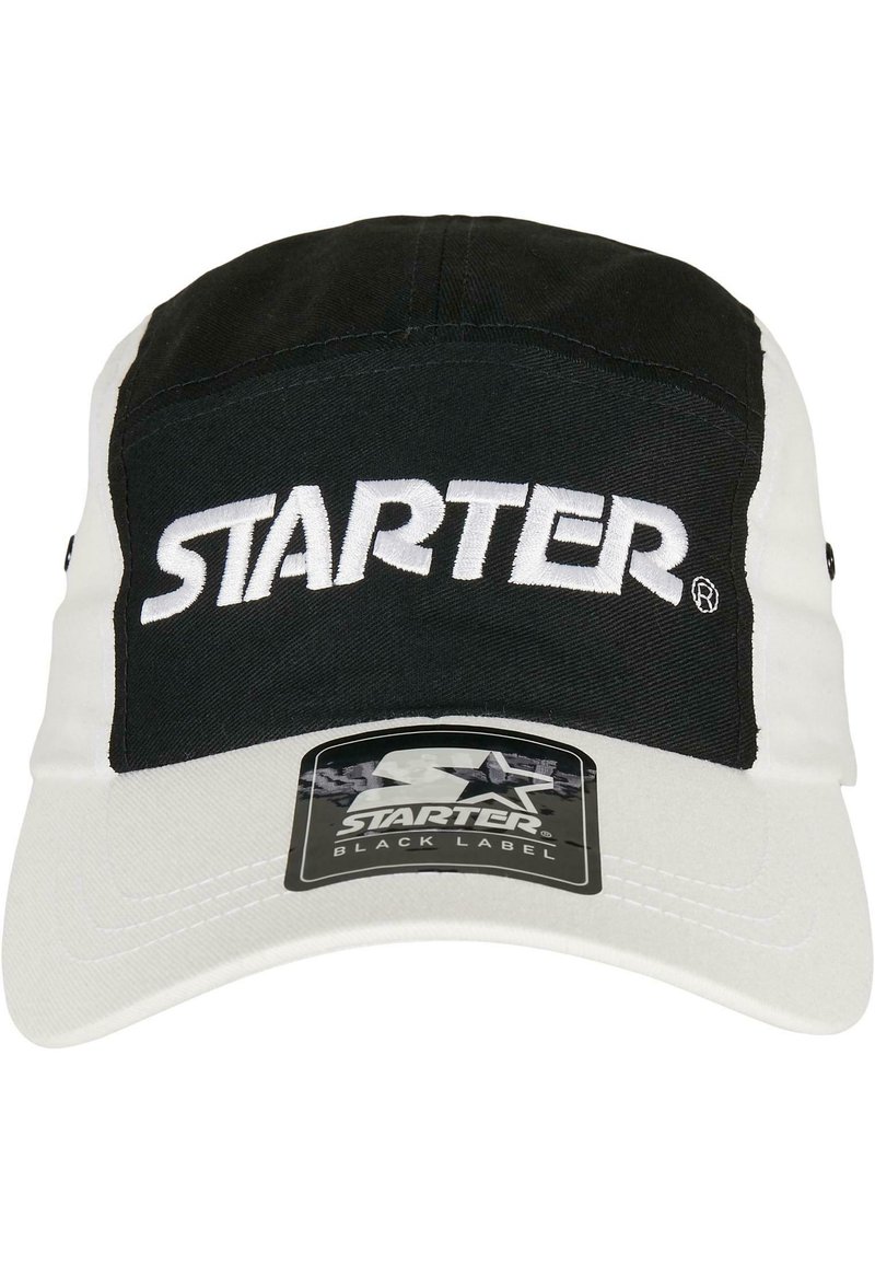 Casquette noir et blanc avec une visière courbée, présentant "STARTER" brodé en blanc sur le devant. Comprend une étiquette fixée à la visière.