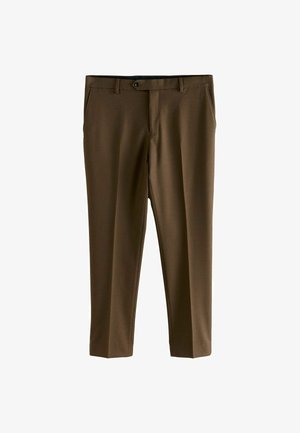 Brown dress pants made of smooth fabric, featuring a straight leg design, belt loops, and a single button closure at the waist.