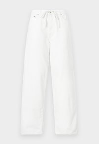 Weiße, weit geschnittene Jeanshose aus Denim mit einem Kordelzugbund und zwei frontalen Taschen, die eine glatte Textur und ein sauberes Design aufweist.