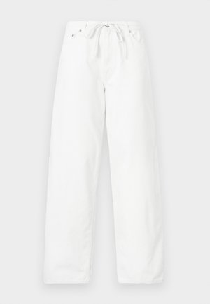 Hvite, vide denimbukser med strikk i livet og to frontlommer, med en jevn tekstur og rent design.
