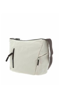 Sac d'épaule en nylon gris clair à forme arrondie, avec des accents de fermeture éclair noire et une bandoulière gris foncé. Dispose de deux poches zippées.